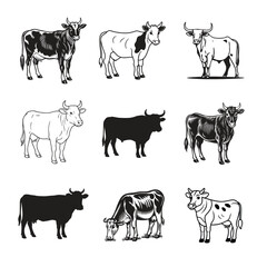 Cow Vector Set | 9 Farm Animal Silhouette & Line Art Illustrations