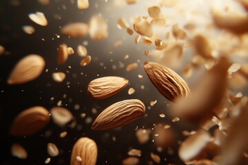 A dynamic shot of almonds and almond pieces suspended against a dark and slightly illuminated backdrop