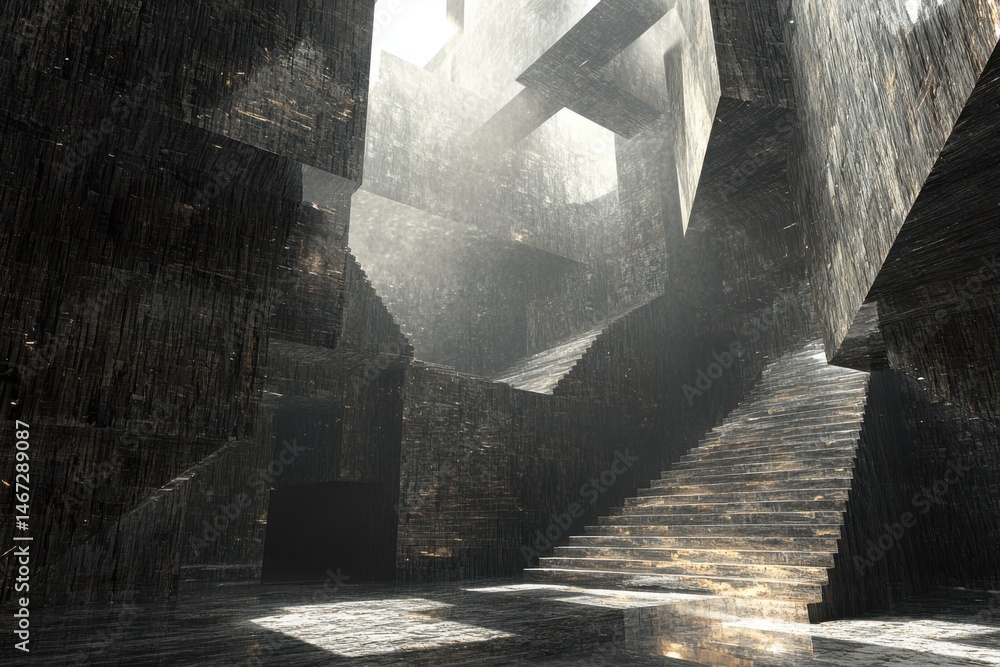Poster Abstract architecture with stairs and geometric shapes illuminated by bright light source above