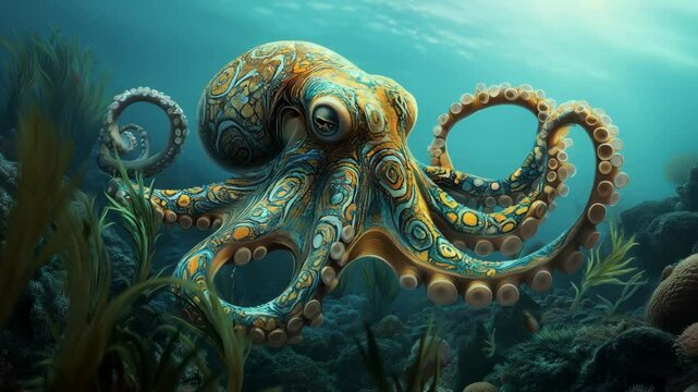 A large octopus with a blue and white pattern on its body is swimming in the ocean. The image has a calm and peaceful mood, as the octopus is surrounded by seaweed and rocks
