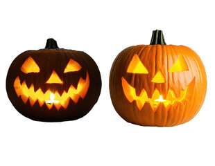 Two Glowing Jack-o'-lanterns Halloween Night Festive Pumpkins Carved Faces Spooky Decorations Autumn Holiday Tradition