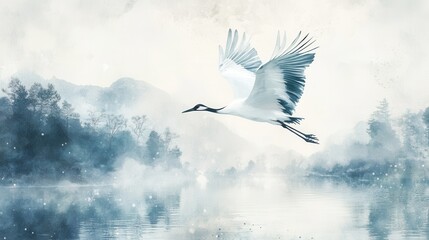Japanese Crane Flying Over a Peaceful Lake