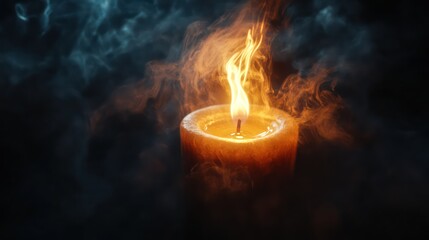 Burning candle with warm orange light