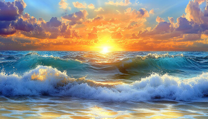 Vibrant Ocean Sunset with Waves Crashing on Sandy Beach