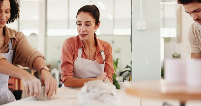 Woman, people and rolling clay for pottery of sculpture design, learning technique and process. Potter, teaching or instructions of craft production, texture demonstration and shape steps at workshop