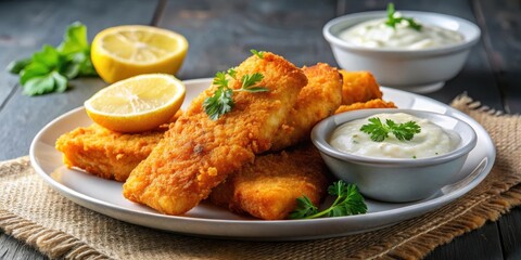 Crispy fried fish fillets served on a plate with a side of creamy tartar sauce and a freshly squeezed lemon wedge garnish, culinary delight, sea food photo
