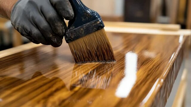 Applying a layer of varnish to a wooden surface with a brush