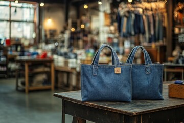 Two blue bags are displayed on a table in a store