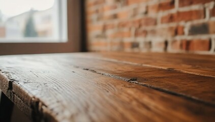 Rustic wooden table against a brick wall, showcasing its natural texture and rich brown tones