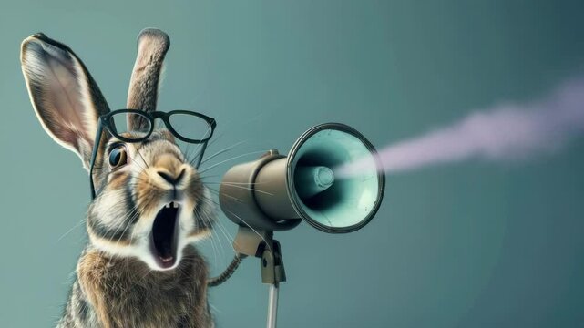 The hare shouts into a megaphone from which smoke comes out