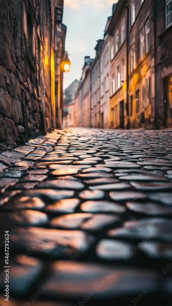 Poster wet cobblestone streets reflecting warm light from streetlamps at dusk, creating a charming atmosphe