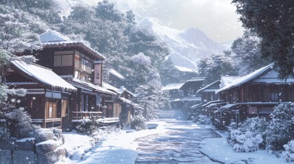 Fototapeta premium Traditional Japanese Village in a Winter Landscape