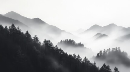 Misty Mountain Landscape in Traditional Sumi-e Style