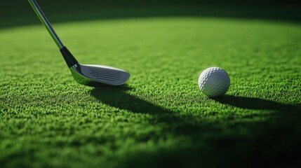 A 4K photo of golf club and a golf ball on green grass. The background of the image consists of a flat grass surface.