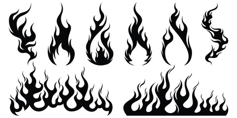 Silhouette Fire flames. Old school tattoo neo-tribal style or silhouette flame for cars. set vector icons. Fire sign. Fire flame icon isolated on white background. Vector illustration