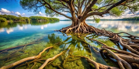 Deciduous tree branches submerged in murky water with roots exposed on lake bed, lake life, tree roots