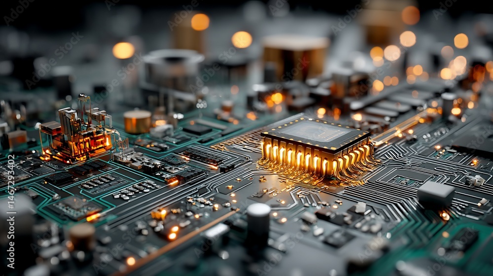 Poster high-tech circuit board with glowing processor
