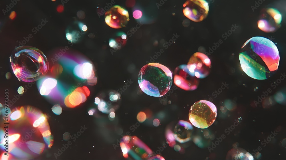 Poster Soft rainbow-colored light refractions and circular flares dance across a black background, creating an enchanting visual experience filled with dreamy elements