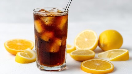 Chilled iced tea served in a tall glass with ice and visible condensation, surrounded by fresh citrus wedges on a white backdrop for a refreshing look