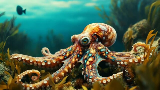 A large octopus with a blue and white pattern on its body is swimming in the ocean. The image has a calm and peaceful mood, as the octopus is surrounded by seaweed and rocks