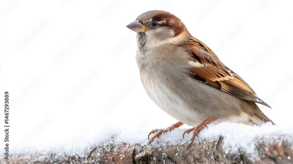 Poster A sparrow rests on a snowy branch, its feathers fluffed up against the cold. Soft snowflakes fall around, creating a serene winter atmosphere