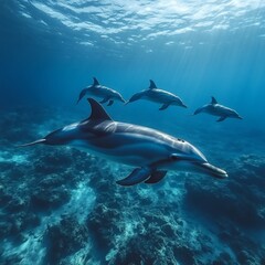Obraz premium Group of Dolphins Swimming Gracefully in a Deep Blue Ocean
