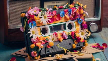 old vintage retro audio tape cassette with flowers