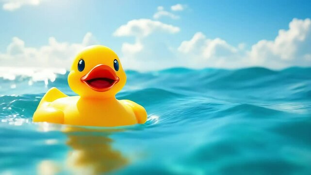 Cheerful yellow rubber duck floating in the ocean on a sunny summer day
