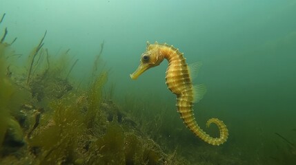 Underwater close-up of a single yellow seahorse swimming near seaweed.