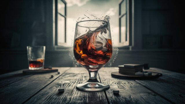 Drug addiction and alcoholism. A glass of alcohol and pills on the table.