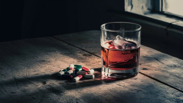 Drug addiction and alcoholism. A glass of alcohol and pills on the table.