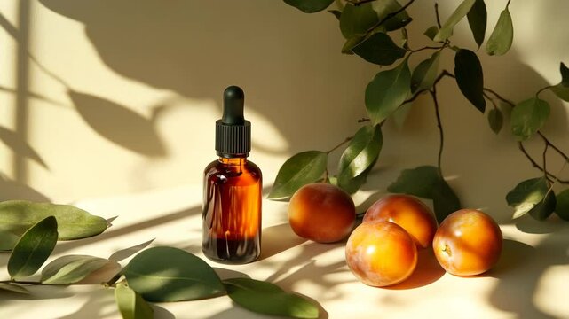 A bottle of essential oil is on a table next to some oranges. The bottle is brown and has a black cap. The oranges are arranged in a row, with some of them being closer to the bottle