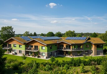 View of a modern building with solar panels and a green roof on a sunny day
