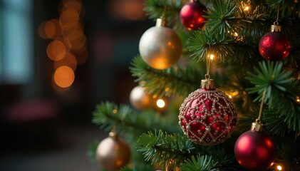A beautifully decorated Christmas tree with ornaments and twinkling lights , red, tree topper