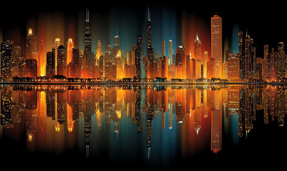 Obraz premium Illuminated city skyline at night reflecting in calm waters. Vivid color display