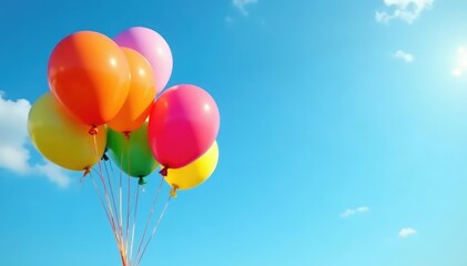 Vibrant rainbow colored balloons floating against a clear blue sky , tint, happy background