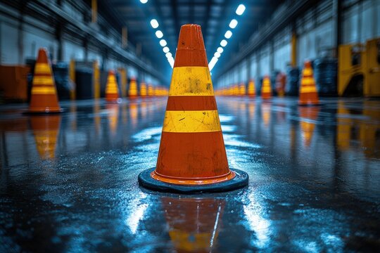 Driving school cones in a large indoor space