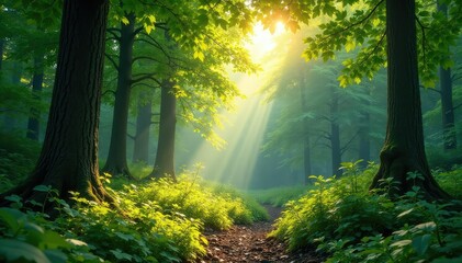 Serene forest scene with dappled sunlight filtering through leaves , calm, flora, tranquil