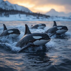 Fototapeta premium Orca Pod Swimming in Icy Waters, Arctic Sunset Backdrop