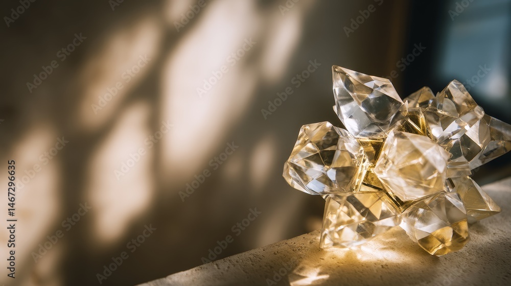 Aufkleber a prismatic glass sculpture with sharp edges glows under warm amber light in a minimalist setting, h