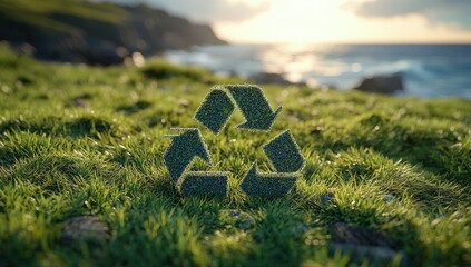 Recycling symbol in grass by the ocean