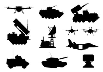 Set of silhouettes of tanks, drones, launchers, jets, radar stations, missiles, and ground vehicles used in modern warfare, highlighting military strength and equipment variety. Transparent background