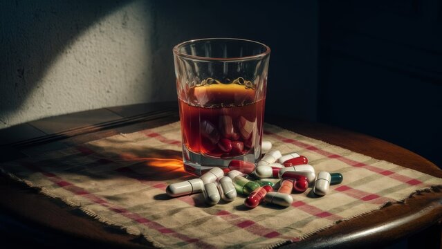 Drug addiction and alcoholism. A glass of alcohol and pills on the table.