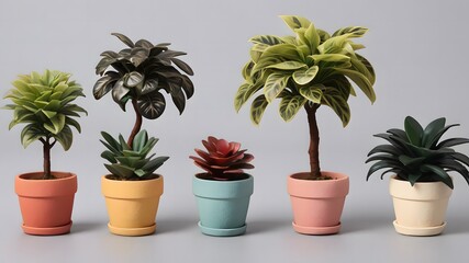Fototapeta premium Colorful Potted Plants Home Decor Artificial Green Plants Set for Interior Design