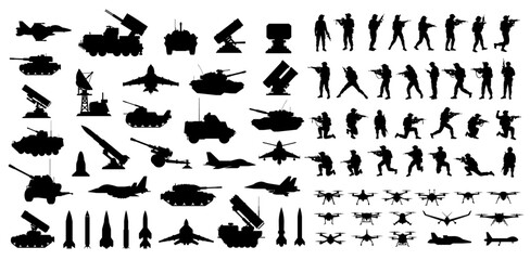 Comprehensive military silhouette set - soldiers in combat poses, tanks, fighter jets, various drones, missiles, rocket launchers, artillery, and radar systems. Vector icons for war, army, conflict