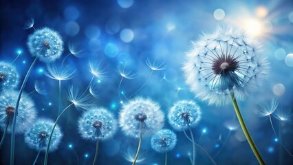 Softly glowing dandelion flowers float on a swirling blue background, their delicate petals unfolding like tiny wings in a whimsical dance , floral, blue abstract