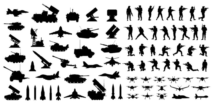 Comprehensive military silhouette set - soldiers in combat poses, tanks, fighter jets, various drones, missiles, rocket launchers, artillery, and radar systems. Vector icons for war, army, conflict - Powered by Adobe