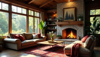 Cozy living room with fireplace, comfortable furniture, and natural light streaming through windows , house interior, lighting