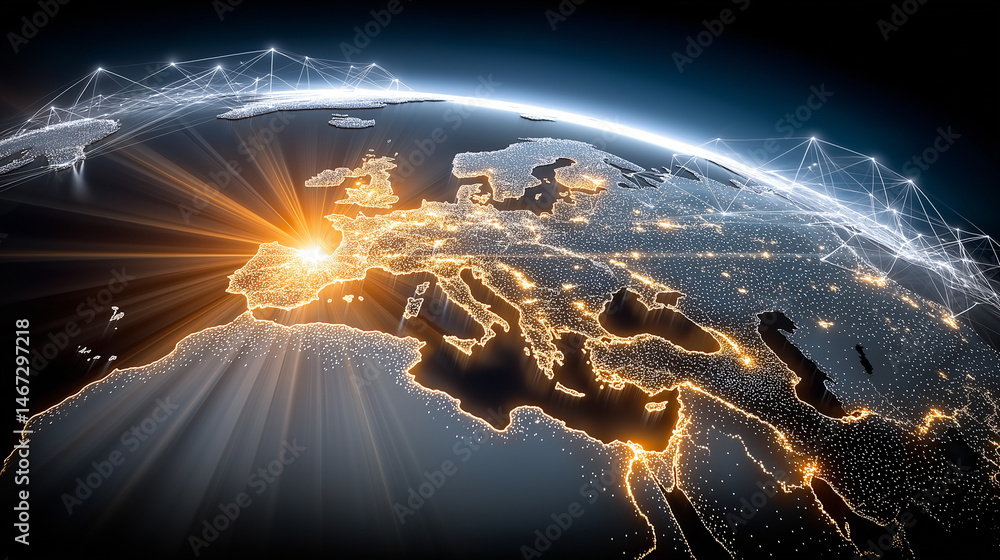 Poster global network at dawn: a stylized image depicting europe at dawn, highlighted by glowing lines of c