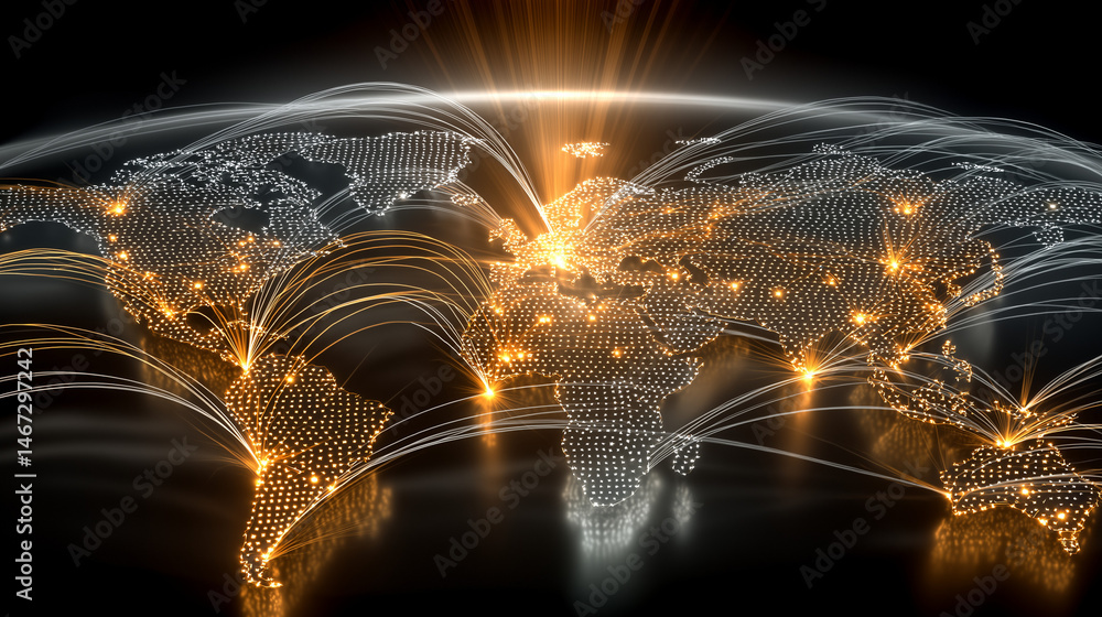 Poster global network: a digital depiction of a vibrant world map, interconnected with glowing lines that r